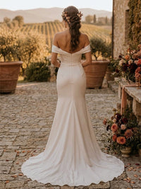 Mermaid/Trumpet Off Shoulder Bridal Gowns Satin Floor-Length Wedding Dresses with Sweep Train