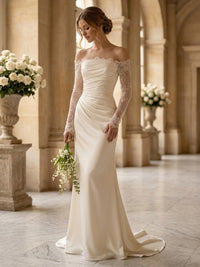 Mermaid/Trumpet Off Shoulder Bridal Gowns Satin Floor-Length Wedding Dresses with Lace Appliques & Sweep Train