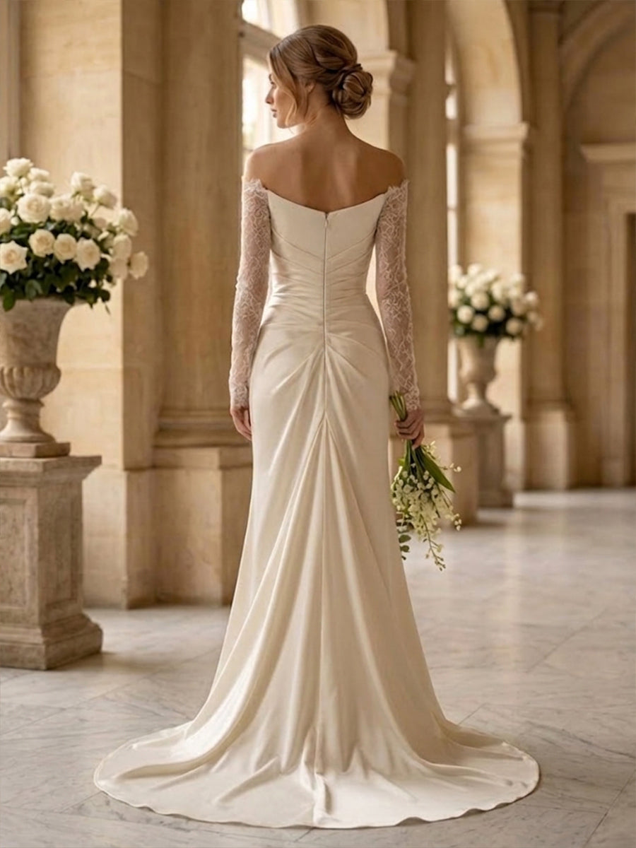 Mermaid/Trumpet Off Shoulder Bridal Gowns Satin Floor-Length Wedding Dresses with Lace Appliques & Sweep Train