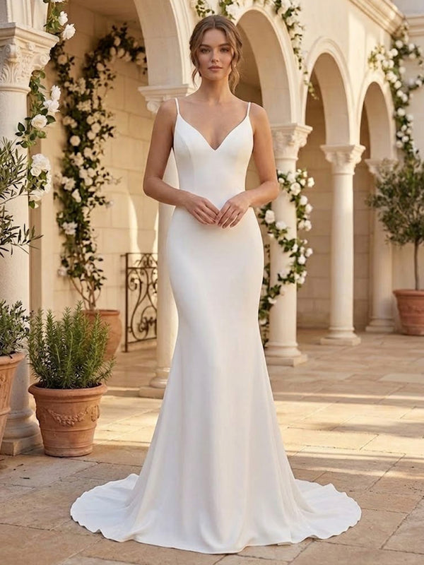 Mermaid/Trumpet Spaghetti Straps Bridal Gowns Satin Floor-Length Wedding Dresses with Sweep Train