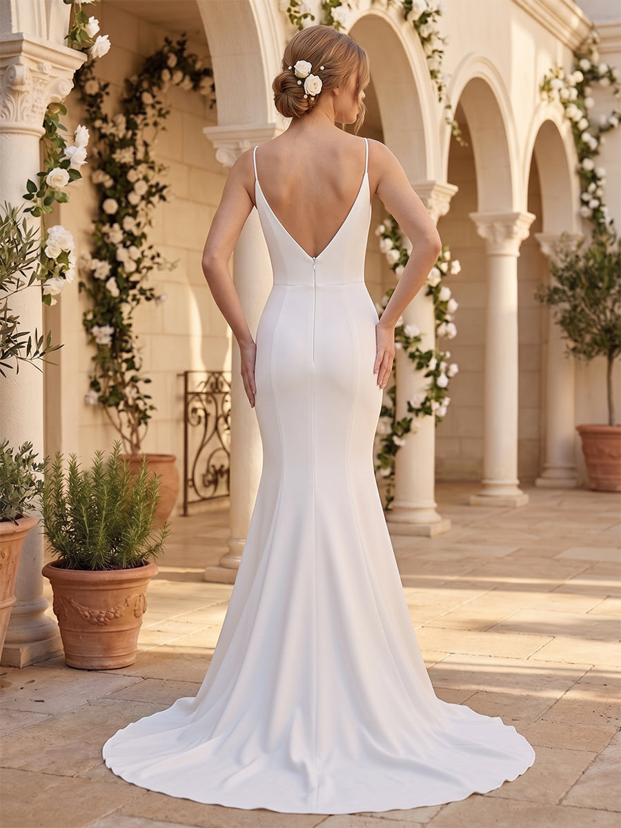 Mermaid/Trumpet Spaghetti Straps Bridal Gowns Satin Floor-Length Wedding Dresses with Sweep Train