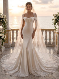 Mermaid/Trumpet Off Shoulder Bridal Gowns Satin Floor-Length Wedding Dresses with Lace Appliques & Sweep Train