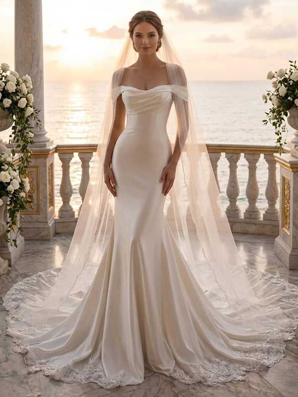 Mermaid/Trumpet Off Shoulder Bridal Gowns Satin Floor-Length Wedding Dresses with Lace Appliques & Sweep Train