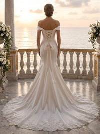 Mermaid/Trumpet Off Shoulder Bridal Gowns Satin Floor-Length Wedding Dresses with Lace Appliques & Sweep Train