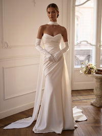 Mermaid/Trumpet Strapless Bridal Gowns Satin Floor-Length Wedding Dresses with Scarf