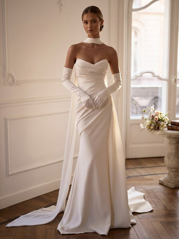 Mermaid/Trumpet Strapless Bridal Gowns Satin Floor-Length Wedding Dresses with Scarf