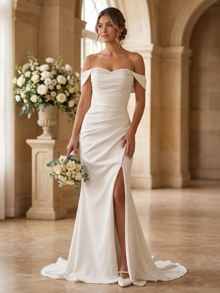 Mermaid/Trumpet Off Shoulder Bridal Gowns Satin Floor-Length Wedding Dresses with Ruched Waist & Sweep Train