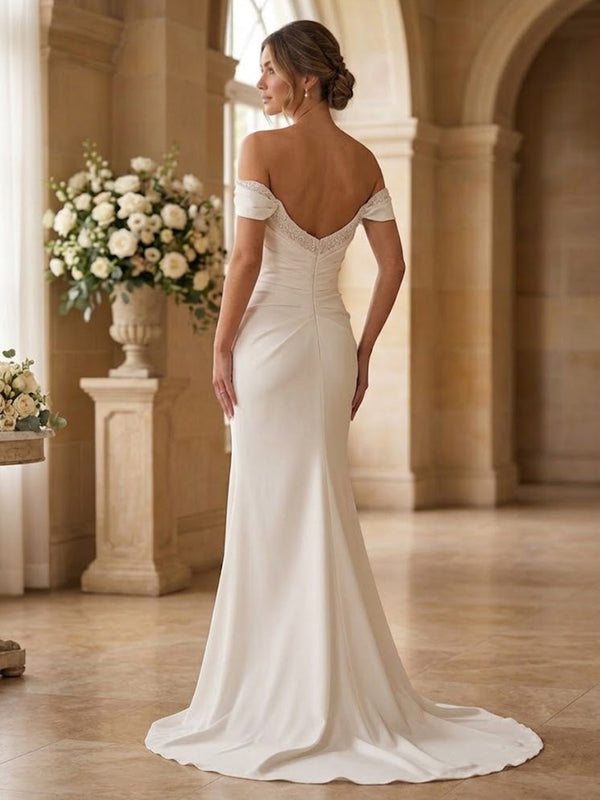 Mermaid/Trumpet Off Shoulder Bridal Gowns Satin Floor-Length Wedding Dresses with Ruched Waist & Sweep Train