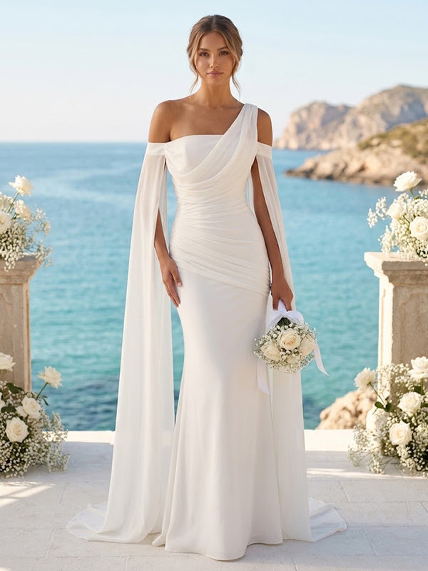 Mermaid/Trumpet Asymmetric Neck Bridal Gowns Satin Floor-Length Wedding Dresses with Ruched Waist & Sweep Train