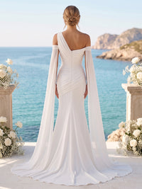 Mermaid/Trumpet Asymmetric Neck Bridal Gowns Satin Floor-Length Wedding Dresses with Ruched Waist & Sweep Train