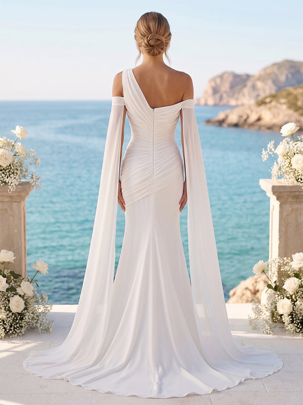 Mermaid/Trumpet Asymmetric Neck Bridal Gowns Satin Floor-Length Wedding Dresses with Ruched Waist & Sweep Train