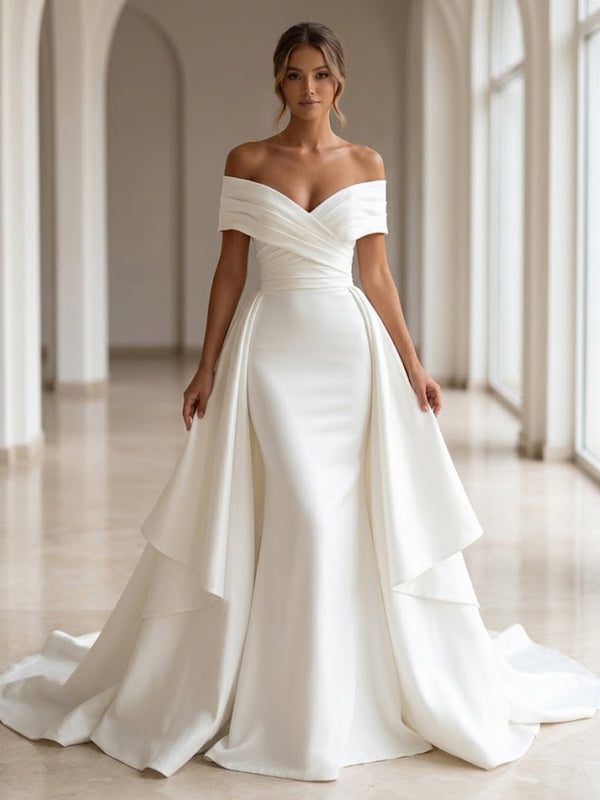 Sheath/Column Off Shoulder Bridal Gowns Satin Floor-Length Wedding Dresses with Sweep Train