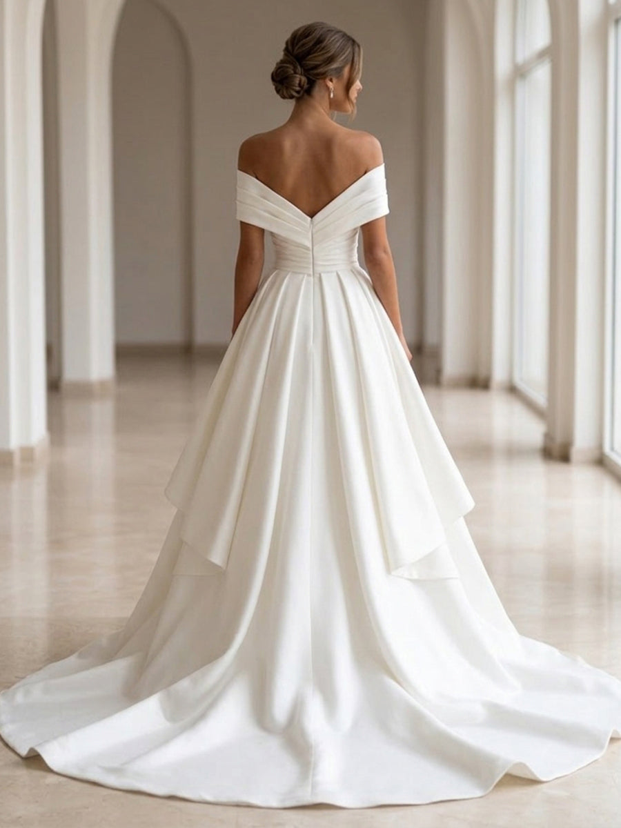 Sheath/Column Off Shoulder Bridal Gowns Satin Floor-Length Wedding Dresses with Sweep Train