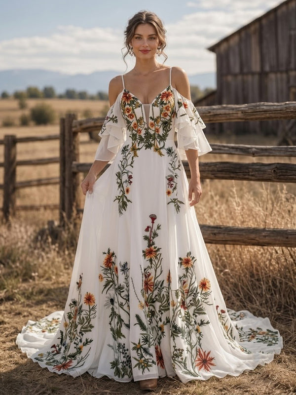 A-Line/Princess Off Shoulder Bridal Gowns Floral Embroidery Floor-Length Wedding Dresses with Sweep Train