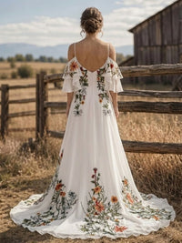 A-Line/Princess Off Shoulder Bridal Gowns Floral Embroidery Floor-Length Wedding Dresses with Sweep Train
