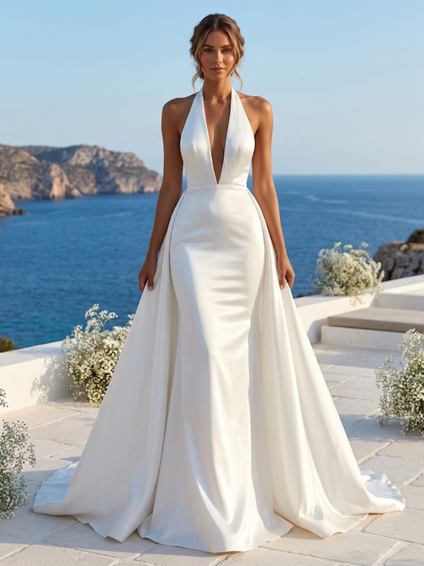 Sheath/Column Halter Bridal Gowns Satin Floor-Length Wedding Dresses with Sweep Train