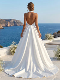 Sheath/Column Halter Bridal Gowns Satin Floor-Length Wedding Dresses with Sweep Train