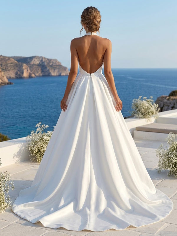 Sheath/Column Halter Bridal Gowns Satin Floor-Length Wedding Dresses with Sweep Train