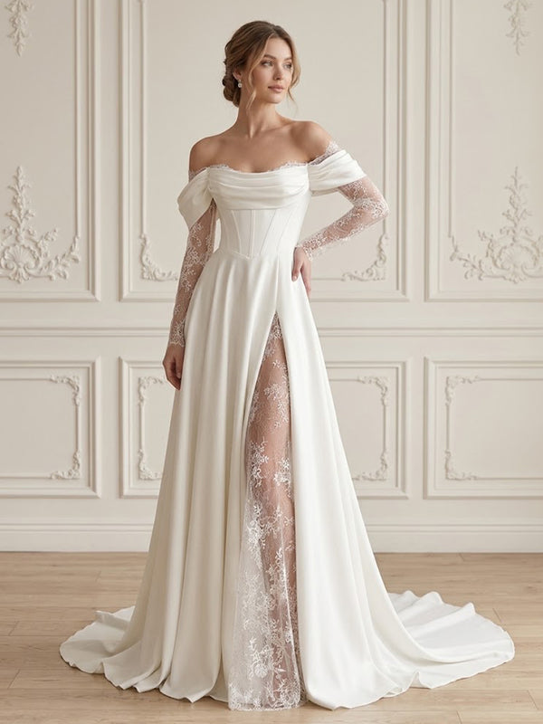 A-Line/Princess Off Shoulder Bridal Gowns Lace Appliques Floor-Length Wedding Dresses with Corset Bodice & Satin Sweep Train