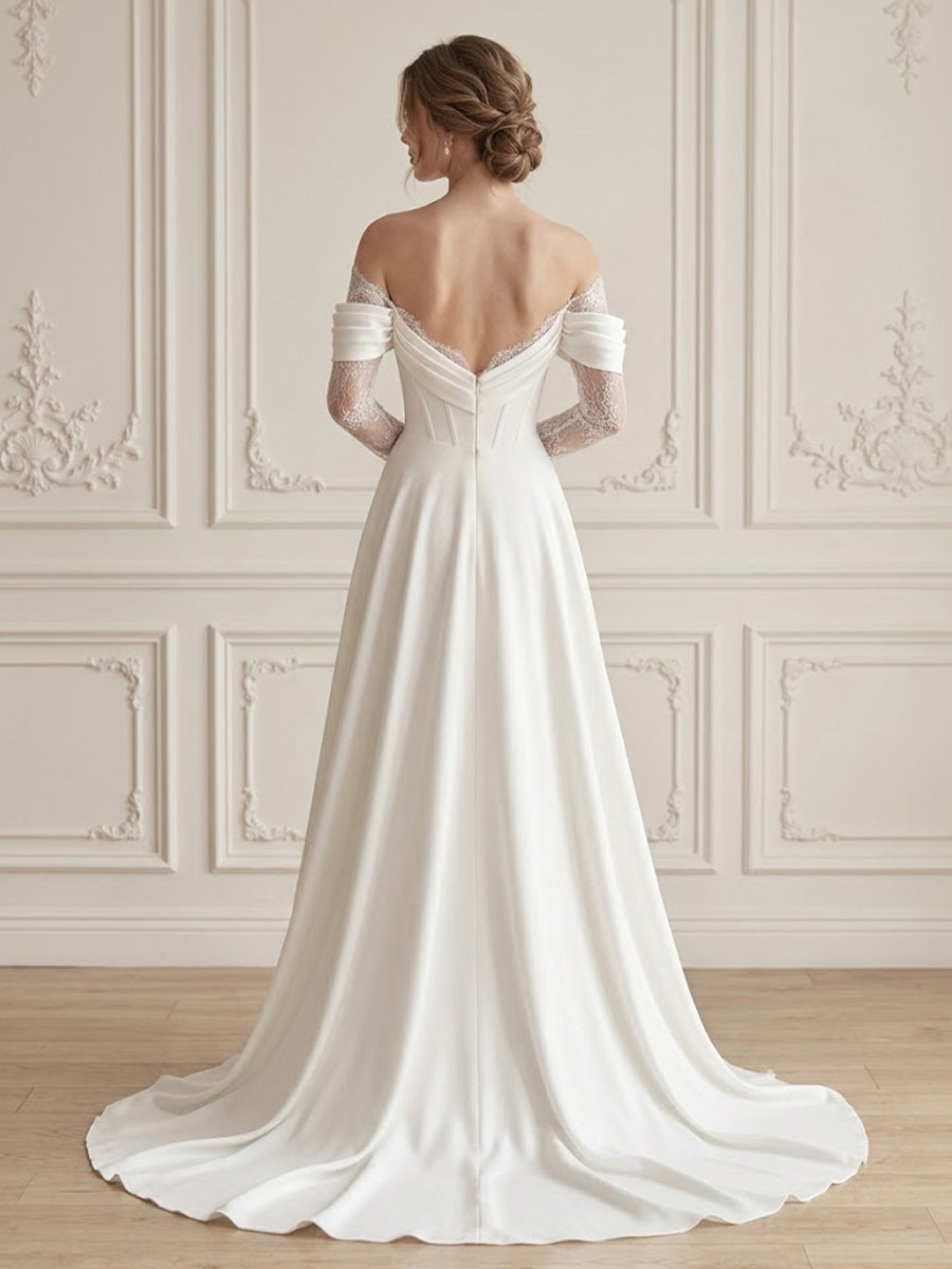 A-Line/Princess Off Shoulder Bridal Gowns Lace Appliques Floor-Length Wedding Dresses with Corset Bodice & Satin Sweep Train
