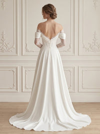 A-Line/Princess Off Shoulder Bridal Gowns Lace Appliques Floor-Length Wedding Dresses with Corset Bodice & Satin Sweep Train