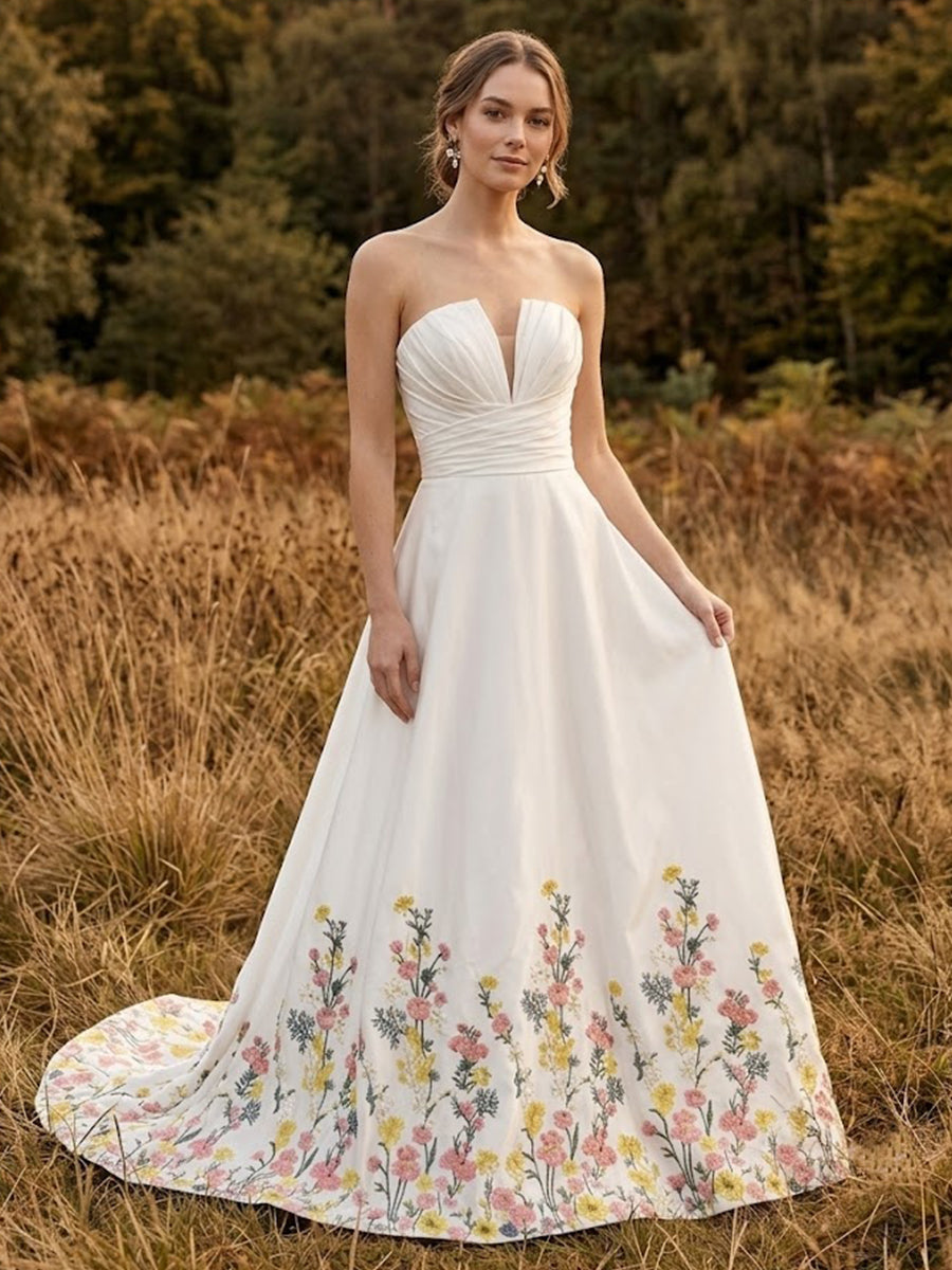 A-Line/Princess Strapless Bridal Gowns Floral Embroidery Floor-Length Wedding Dresses with Ruched Waist & Sweep Train
