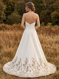 A-Line/Princess Strapless Bridal Gowns Floral Embroidery Floor-Length Wedding Dresses with Ruched Waist & Sweep Train