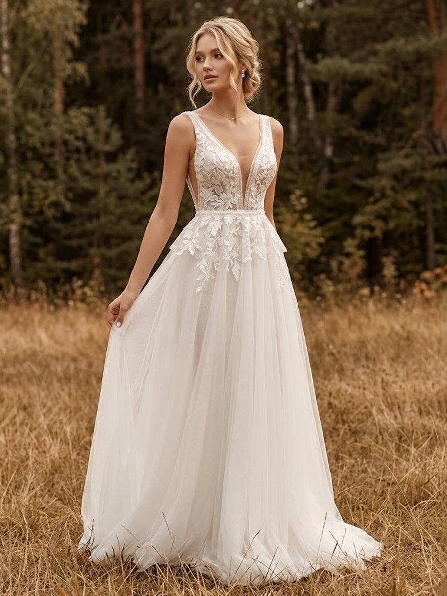 A-Line/Princess V-Neck Bridal Gowns Tulle Floor-Length Wedding Dresses with Lace Appliques & Pleats