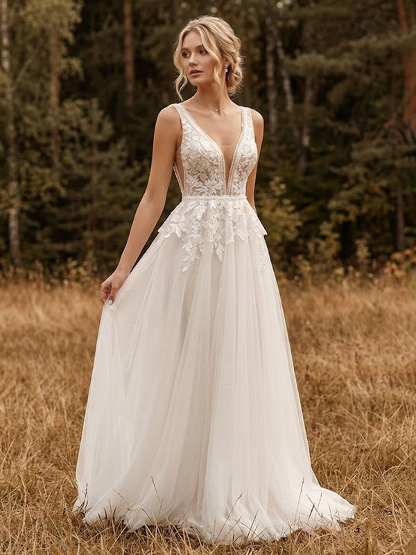 A-Line/Princess V-Neck Bridal Gowns Tulle Floor-Length Wedding Dresses with Lace Appliques & Pleats
