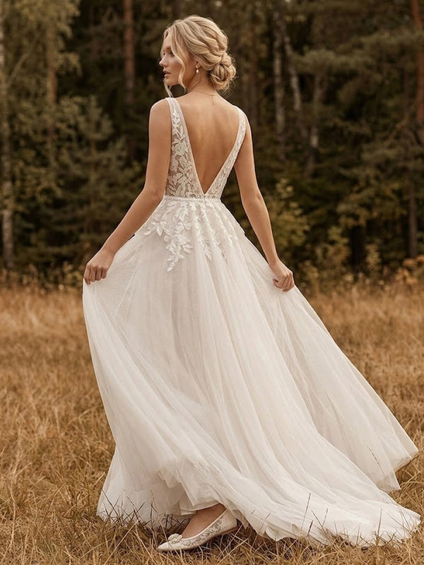 A-Line/Princess V-Neck Bridal Gowns Tulle Floor-Length Wedding Dresses with Lace Appliques & Pleats