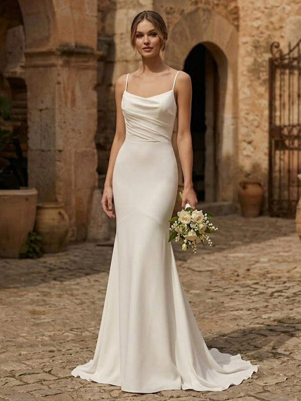 Sheath/Column Spaghetti Straps Bridal Gowns Satin Floor-Length Wedding Dresses with Ruched Waist & Sweep Train