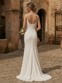 Sheath/Column Spaghetti Straps Bridal Gowns Satin Floor-Length Wedding Dresses with Ruched Waist & Sweep Train