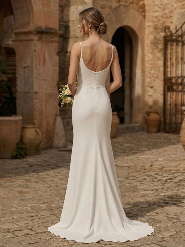 Sheath/Column Spaghetti Straps Bridal Gowns Satin Floor-Length Wedding Dresses with Ruched Waist & Sweep Train