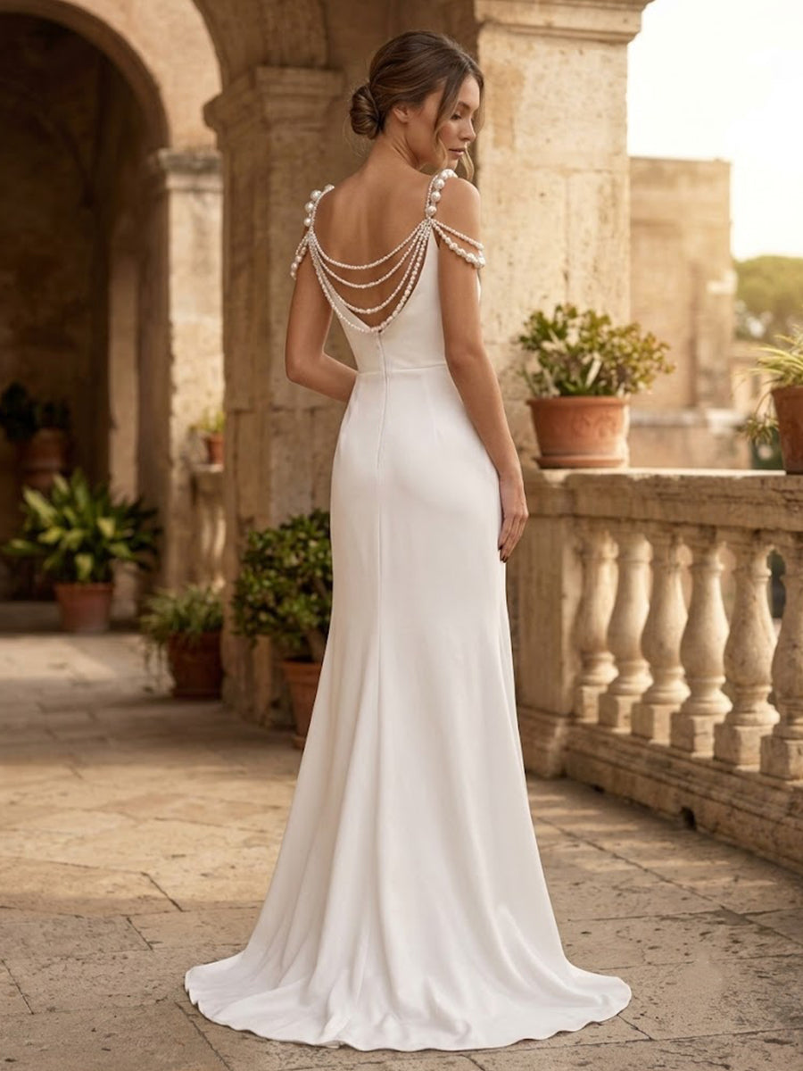 Sheath/Column Spaghetti Straps Bridal Gowns Satin Floor-Length Wedding Dresses with Slit & Pearls