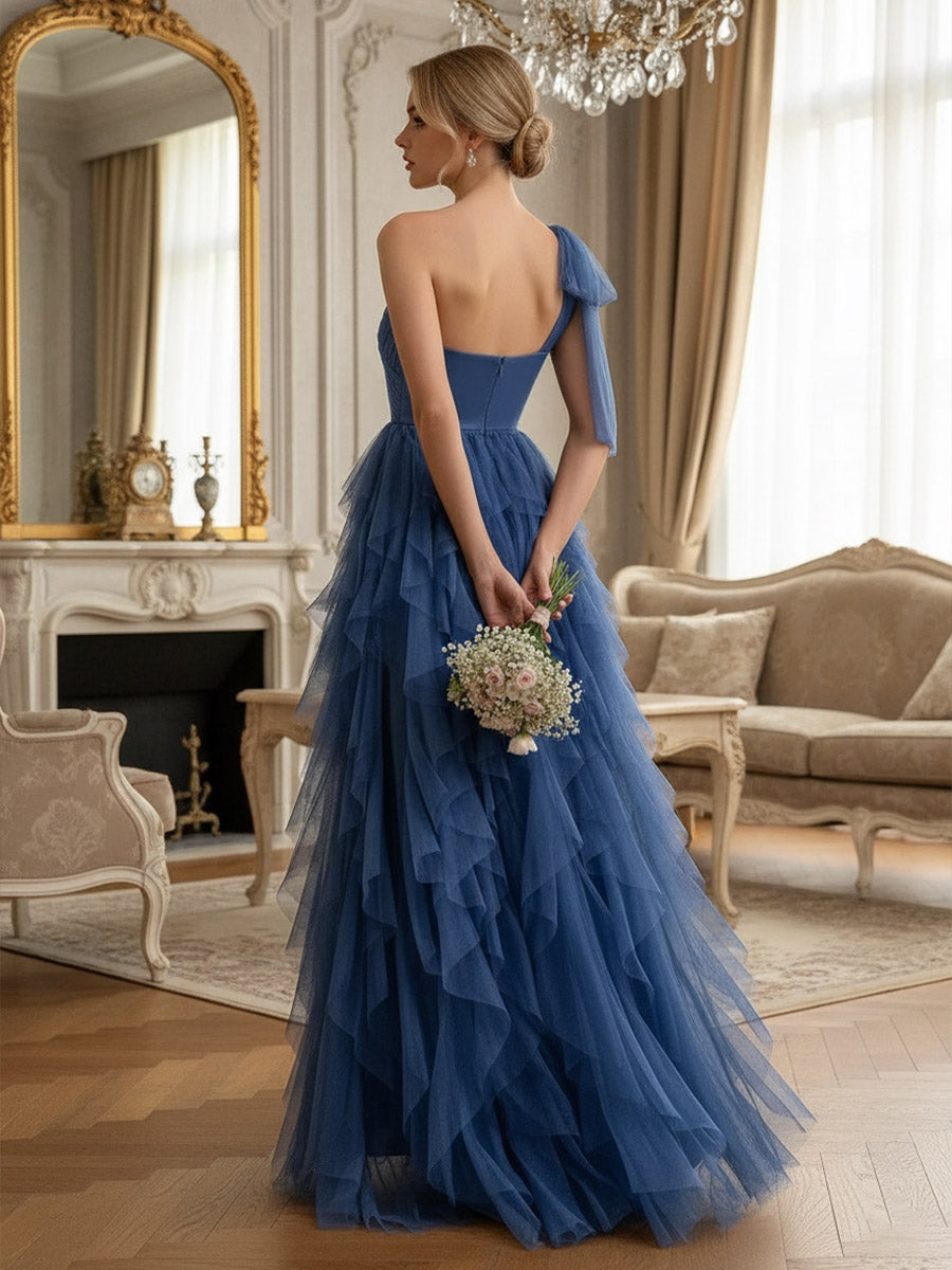 A-Line/Princess Ruffle One Shoulder Floor-Length Formal Dresses with Slit