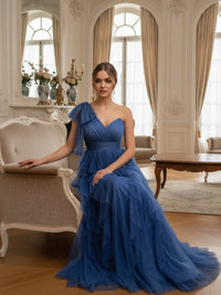 A-Line/Princess Ruffle One Shoulder Floor-Length Formal Dresses with Slit