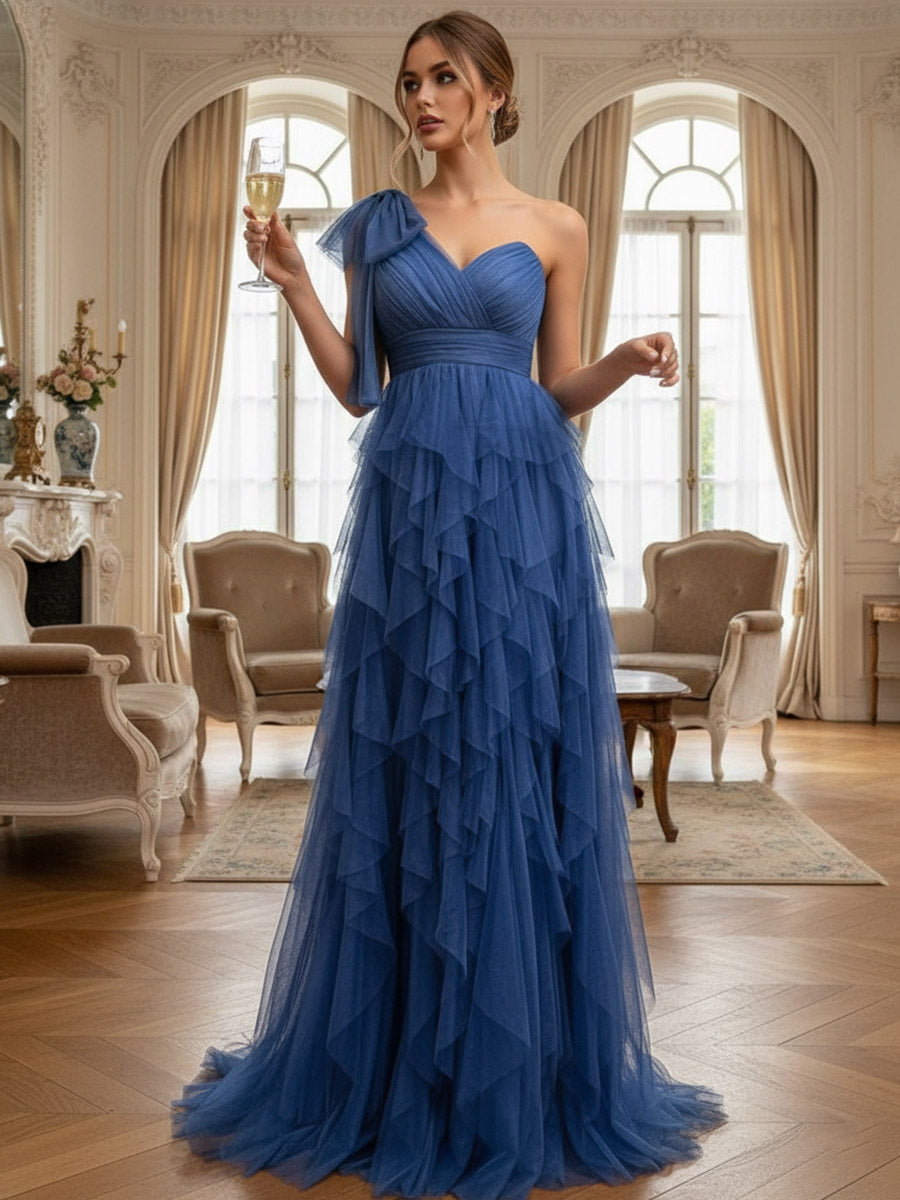 A-Line/Princess Ruffle One Shoulder Floor-Length Formal Dresses with Slit