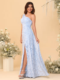 Sheath/Column One Shoulder Ruched Floor-Length Bridesmaid Dresses with Floral Chiffon