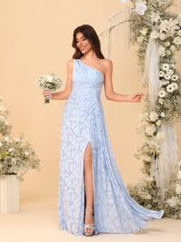 Sheath/Column One Shoulder Ruched Floor-Length Bridesmaid Dresses with Floral Chiffon