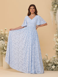 A-Line/Princess Short Sleeve Ruched Floor-Length Bridesmaid Dresses with Floral Chiffon