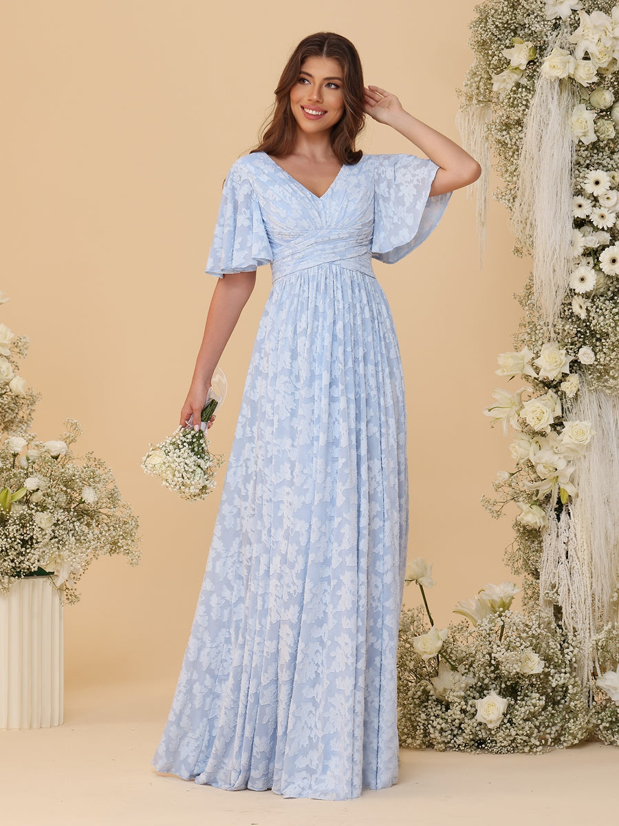 A-Line/Princess Short Sleeve Ruched Floor-Length Bridesmaid Dresses with Floral Chiffon