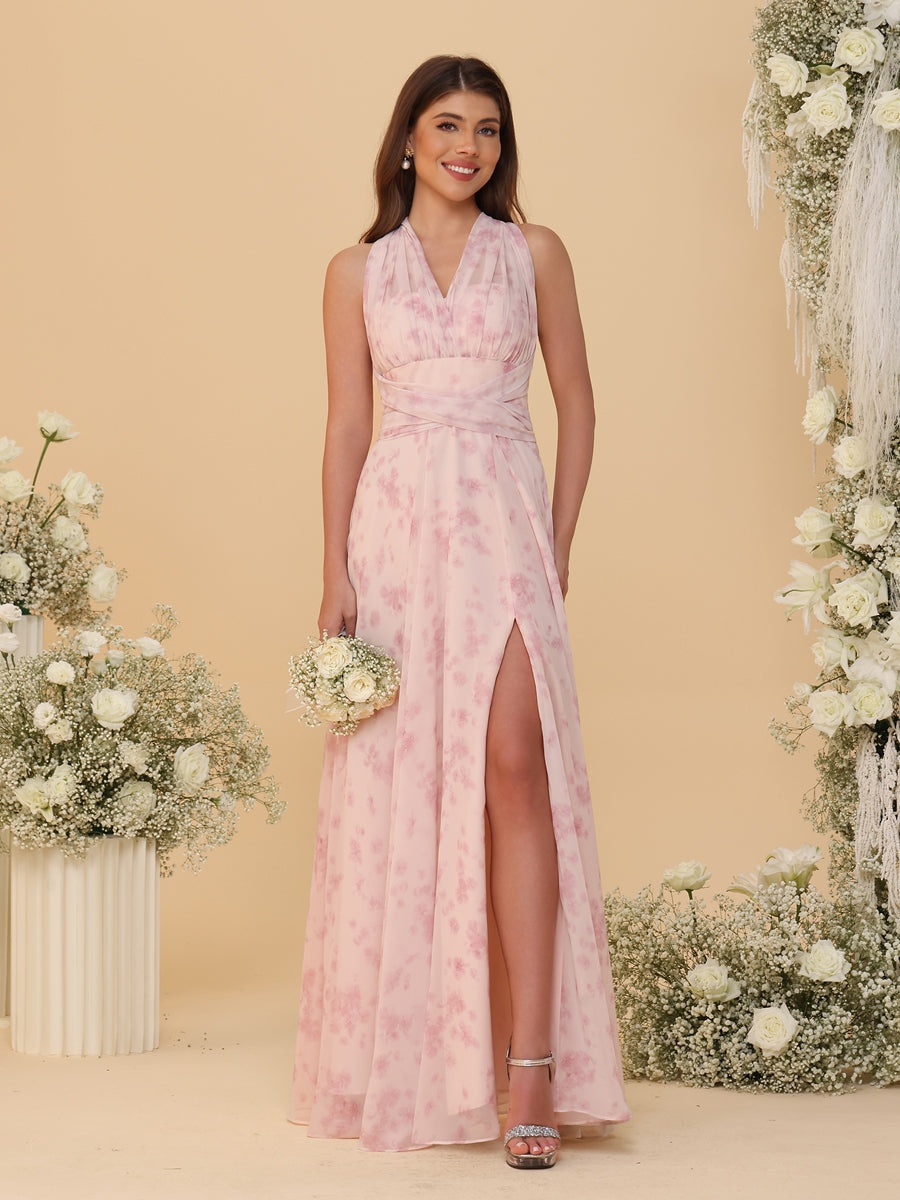 A-Line/Princess Ruched Floor-Length Convertible Bridesmaid Dresses with Floral Print