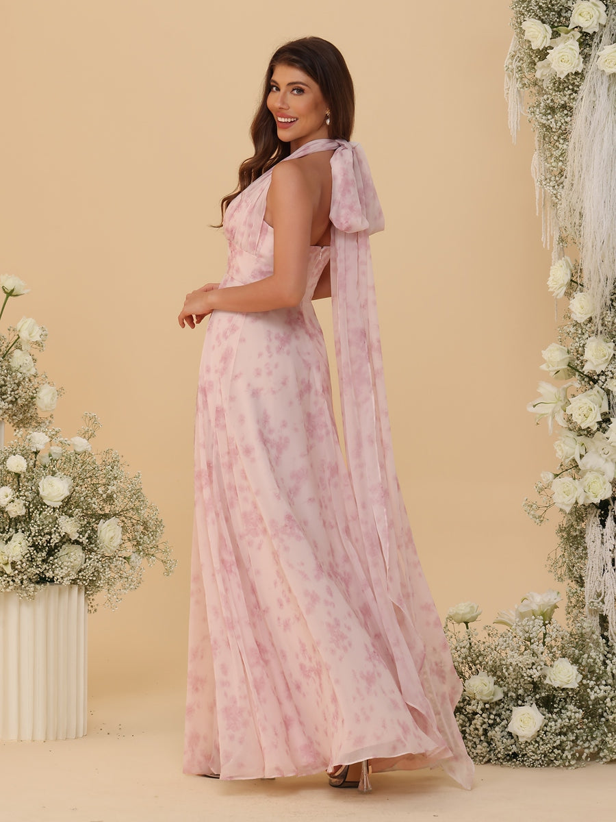 A-Line/Princess Ruched Floor-Length Convertible Bridesmaid Dresses with Floral Print
