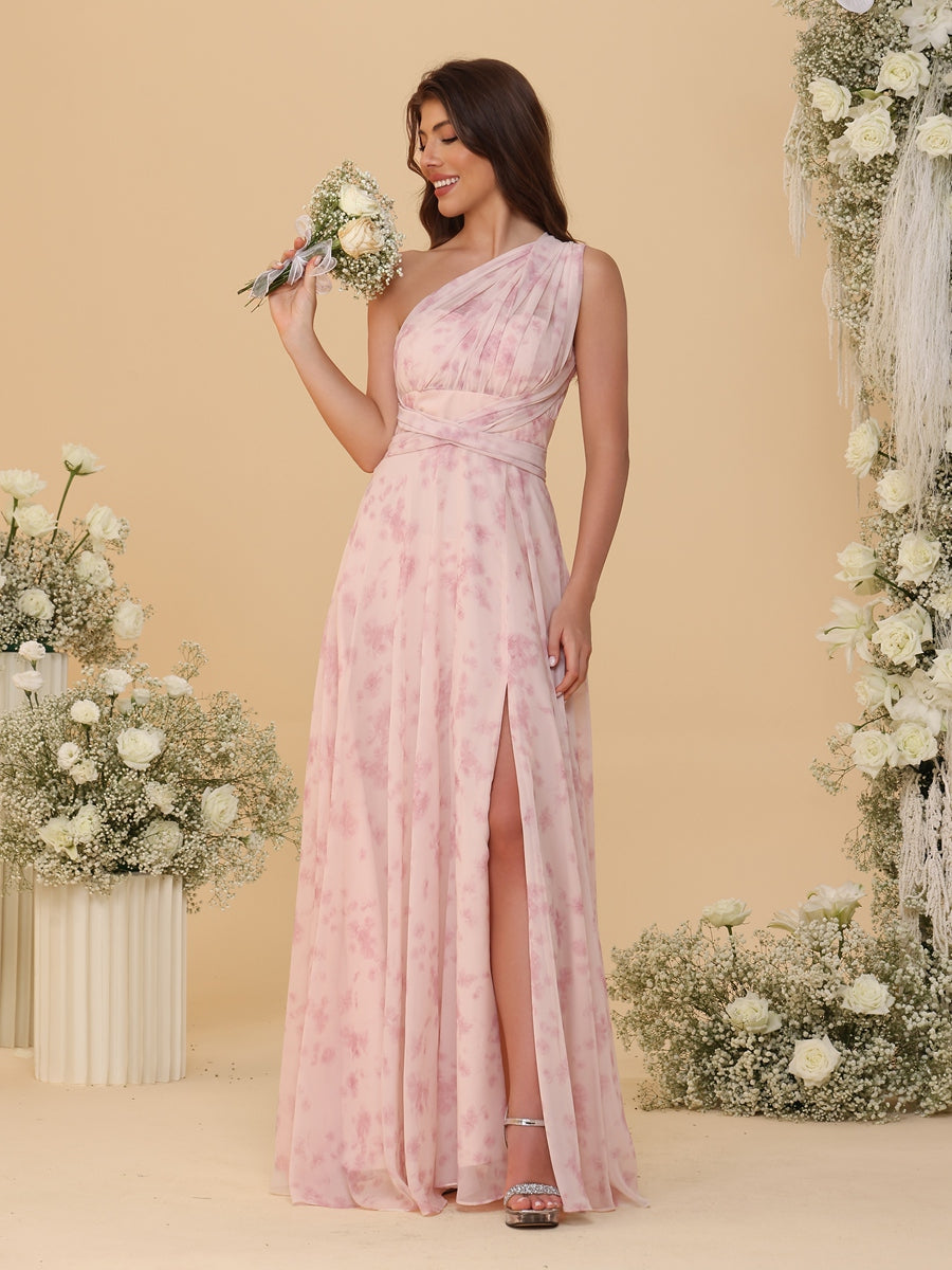 A-Line/Princess Ruched Floor-Length Convertible Bridesmaid Dresses with Floral Print