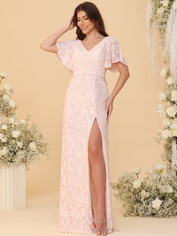 Sheath/Column V Neck Ruched Floor-Length Bridesmaid Dresses with Floral Chiffon Formal Dresses