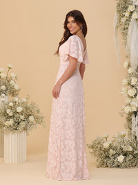 Sheath/Column V Neck Ruched Floor-Length Bridesmaid Dresses with Floral Chiffon Formal Dresses
