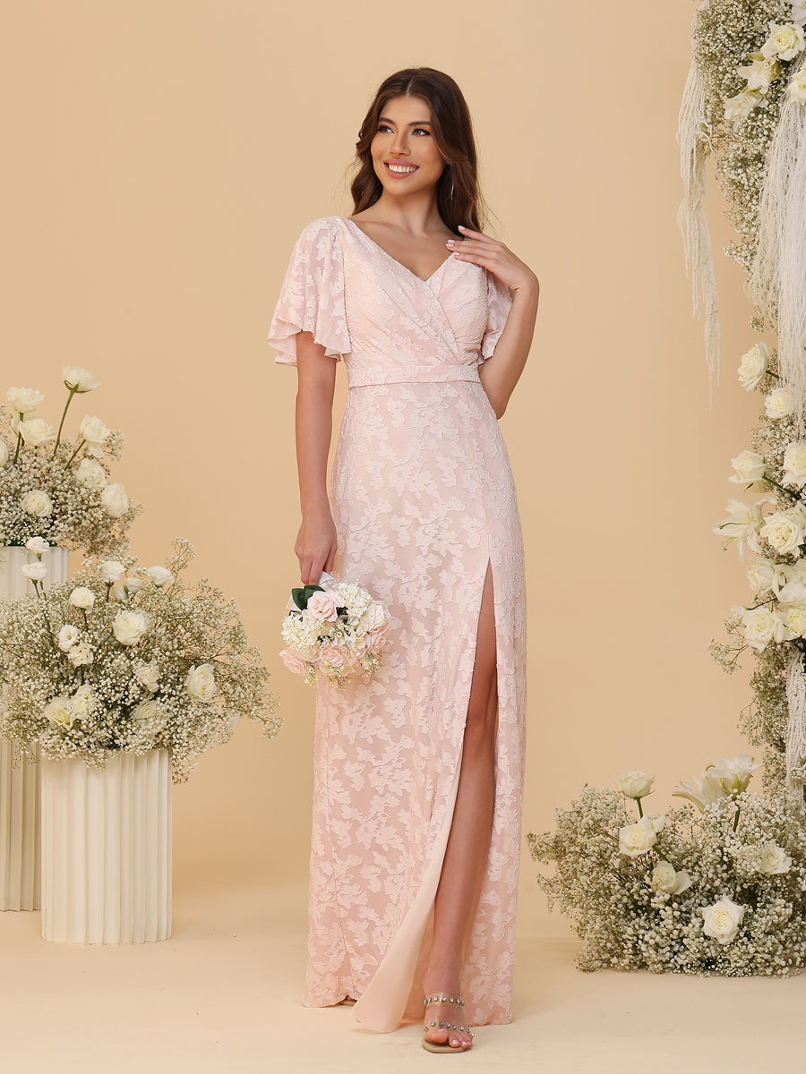 Sheath/Column V Neck Ruched Floor-Length Bridesmaid Dresses with Floral Chiffon Formal Dresses