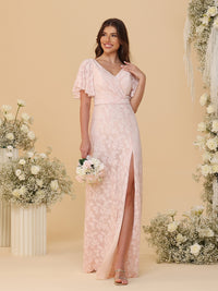 Sheath/Column V Neck Ruched Floor-Length Bridesmaid Dresses with Floral Chiffon Formal Dresses