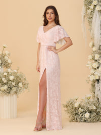 Sheath/Column V Neck Ruched Floor-Length Bridesmaid Dresses with Floral Chiffon Formal Dresses