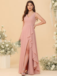 A-Line/Princess V-Neck Ruched Floor-Length Bridesmaid Dresses with Ruffle Slit